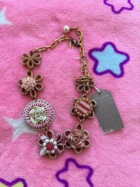 Lenora Dame Vintage Red, Pink Floral Statement Necklace with Gold-Tone Chain